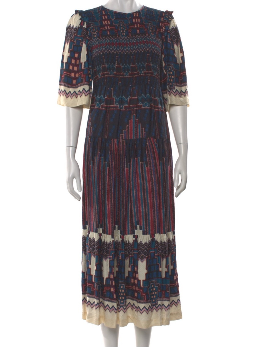 ba&sh Printed Geometric Midi Dress in Navy, Cream and Burgundy